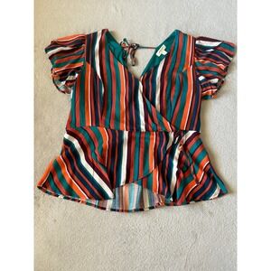 Sandy & Sid Striped Wrap Top Flutter Sleeve‎ Blouse Tie Back XL